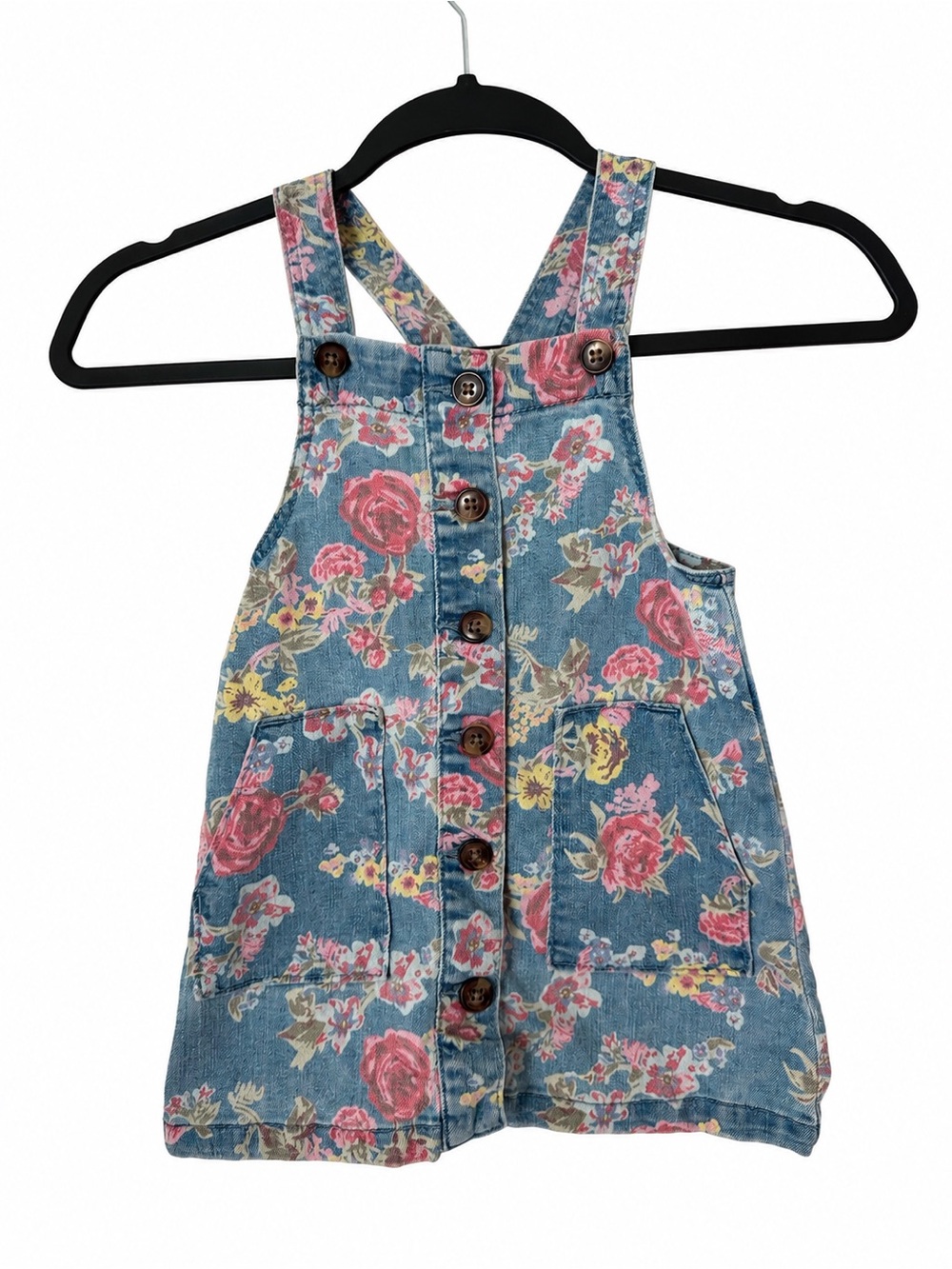 Wonder Nation Girls 3T Floral Denim Overall Dress Button Front Pinafore